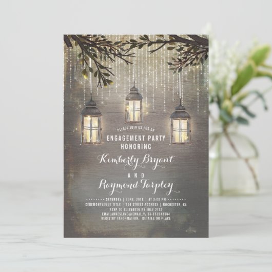 Rustieke landelijke lantaarns tuin verlovingsfeest kaart (Staand voorkant)