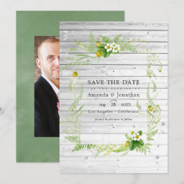 Rustieke landelijke schuur groen trouwfoto save the date
