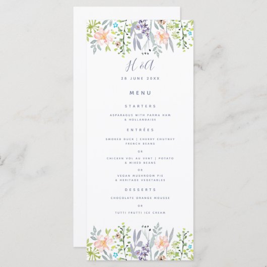 Rustieke landelijke stijl bloemenbruiloft Ontbijt Menu (Voorkant / Achterkant)