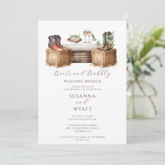 Rustieke landlaarzen en bubble bruiloft brunch kaart (Staand voorkant)