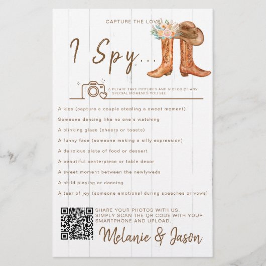 Rustieke landlaarzen "I Spy" Wedding Game (Voorkant)