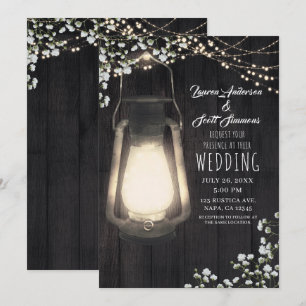 Rustieke Lantaarn Baby's Breath & Lichtjes Bruilof Kaart