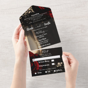 Rustieke Lantaarn & Glam Rode Rozen Trouwfeest + R All In One Uitnodiging