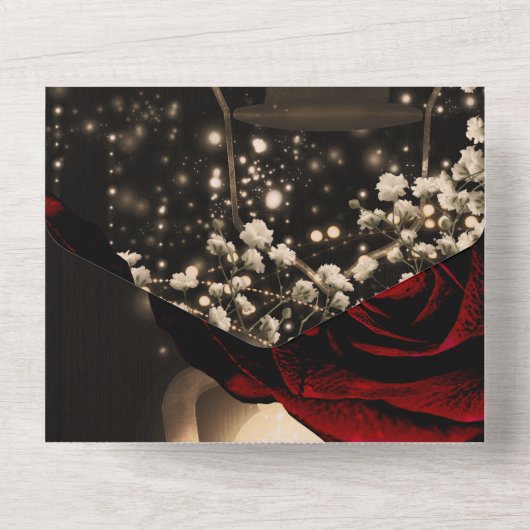 Rustieke lantaarn & glamour rode rozen bruiloft +  all in one uitnodiging (Achterkant)