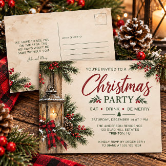 Rustieke Lantaarn Groenhout Bessen Kerstfeest Uitnodiging Briefkaart