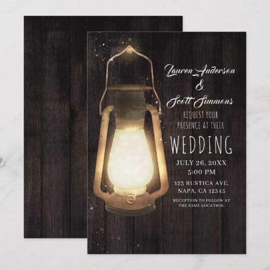 Rustieke lantaarn lichten bruin schuur hout bruilo kaart (Voorkant / Achterkant)