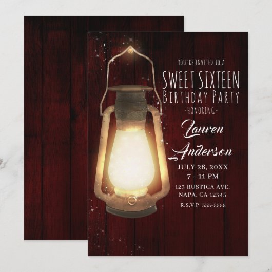 Rustieke Lantaarn Lights Cherry Wood Sweet 16 Part Kaart (Voorkant / Achterkant)