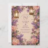 Rustieke Lantaarn Lila pioen bruiloft Kaart (Voorkant)