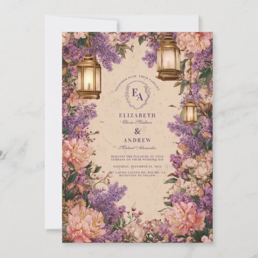 Rustieke Lantaarn Lila pioen bruiloft Kaart (Voorkant)