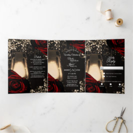 Rustieke Lantaarn Rode Rozen Drievoudig Trouwprogr Drieluik Uitnodiging