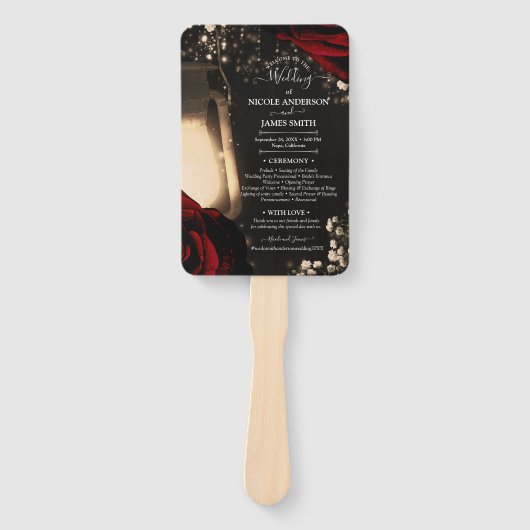 Rustieke lantaarn & rode rozen Elegant trouwprogra Handwaaier (Voorkant)