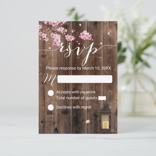 Rustieke Lantaarn Roze Bloemen Huwelijk RSVP (Staand voorkant)