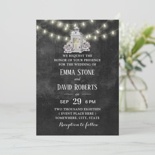 Rustieke Lantaarn & String Lights Chalkboard bruil Kaart (Staand voorkant)