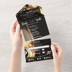 Rustieke Lantaarn & Vintage Gouden Rozen Trouwfees All In One Uitnodiging