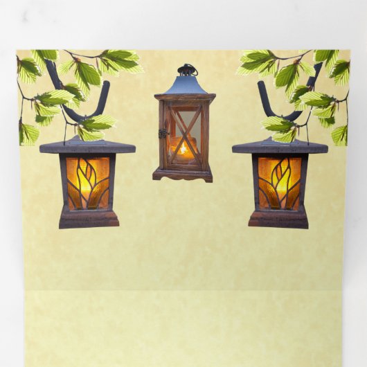 rustieke lantaarns allemaal in één bruiloft drieluik uitnodiging (Binnenzijde eerst)