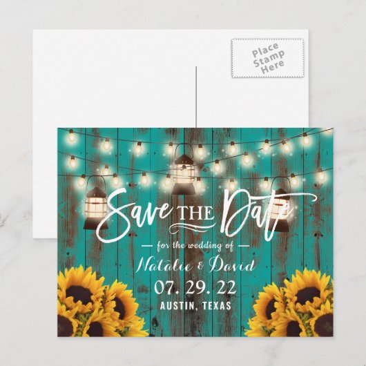 Rustieke lantaarns & zonnebloemen Teal Save the Da Aankondigingskaart (Voorkant / Achterkant)