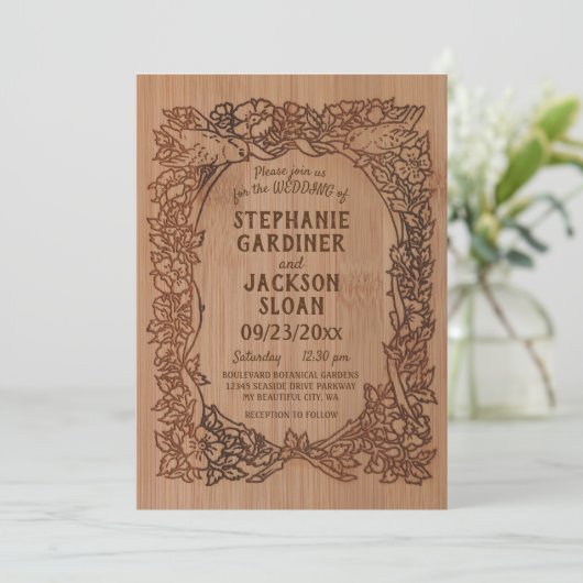 Rustieke laser gegraveerd look vogel bloemenbruilo kaart (Staand voorkant)