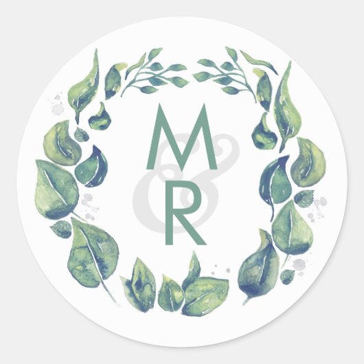 Rustieke Laurel Wreath Waterverf Bruiloft Ronde Sticker (Voorkant)