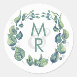 Rustieke Laurel Wreath Waterverf Bruiloft Ronde Sticker