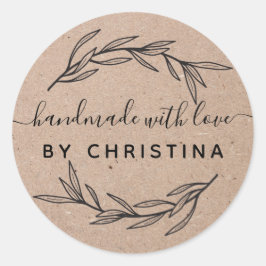 Rustieke laurierblad handgemaakt met liefde ronde sticker