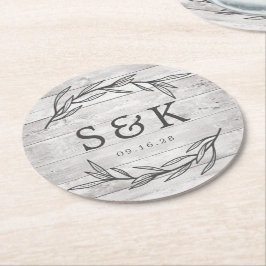 Rustieke laurierblad monogram bruiloft ronde kartonnen onderzetter