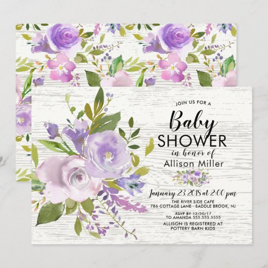 Rustieke Lavendel Bloemen Baby Douche Uitnodiginge Kaart (Voorkant / Achterkant)