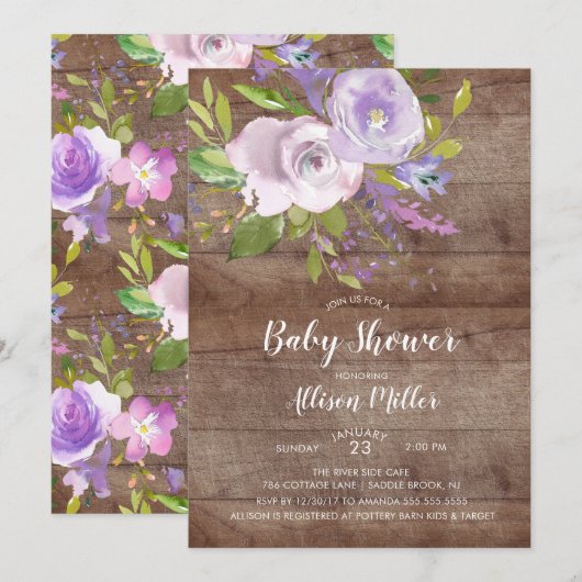 Rustieke Lavendel Bloemen Baby shower Invitation Kaart (Voorkant / Achterkant)