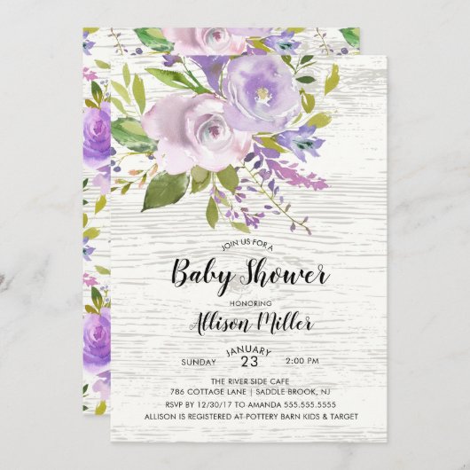 Rustieke Lavendel Bloemen Baby shower Invitation Kaart (Voorkant / Achterkant)