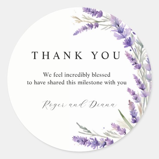 Rustieke Lavendel bloemenbruiloft Ronde Sticker (Voorkant)