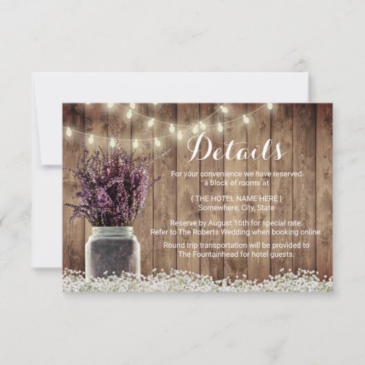 Rustieke lavendel bloemstuk trouwdetails in metsel kaart (Voorkant)