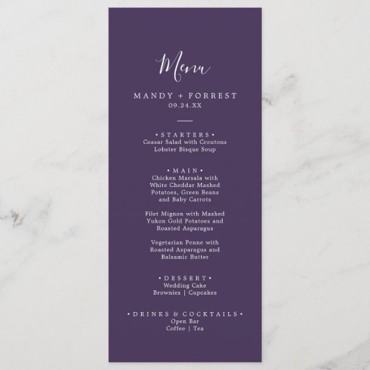 Rustieke lavendel coördinaat pruim bruiloft diner menu (Voorkant)
