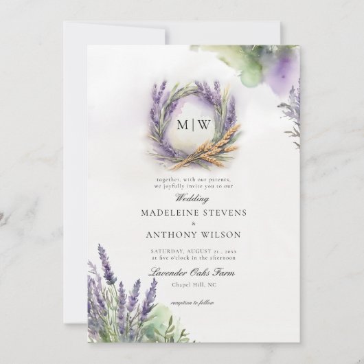 Rustieke Lavendel Elegante krans Monogrammen Bruil Kaart (Voorkant)