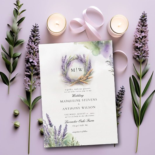 Rustieke Lavendel Elegante krans Monogrammen Bruil Kaart