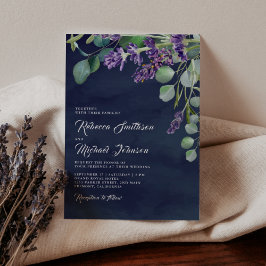 Rustieke lavendel en eucalyptus marineblauwe trouw kaart