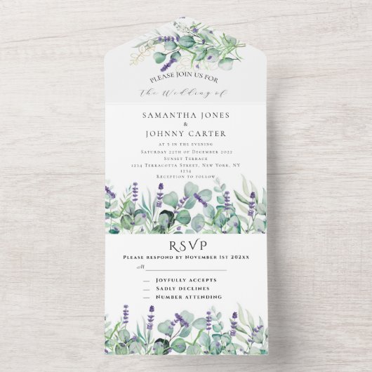 Rustieke Lavendel en Eucalyptus RSVP Trouwen All In One Uitnodiging (Binnen)