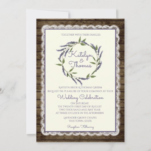 Rustieke lavendel en kant bruiloft kaart (Voorkant)