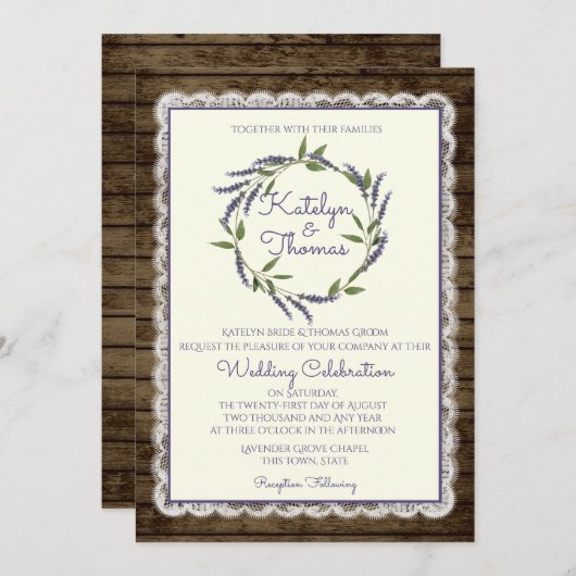 Rustieke lavendel en kant bruiloft kaart (Voorkant / Achterkant)