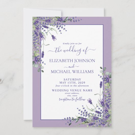 Rustieke Lavendel Eucalyptus Hout Script Trouwfees Kaart (Voorkant)