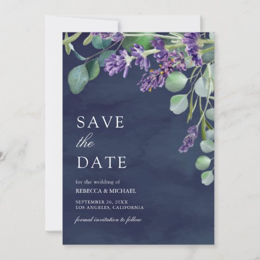 Rustieke Lavendel Eucalyptus Marine Blauwe Huwelij Save The Date (Voorkant)