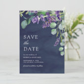 Rustieke Lavendel Eucalyptus Marine Blauwe Huwelij Save The Date (Staand voorkant)