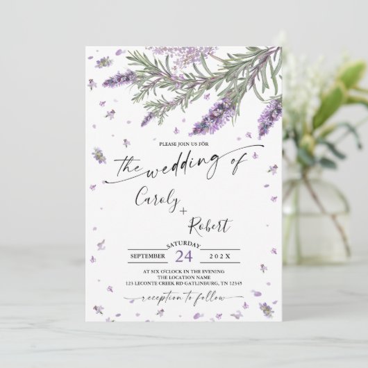 Rustieke Lavendel Floral bruiloft uitnodiging (Staand voorkant)