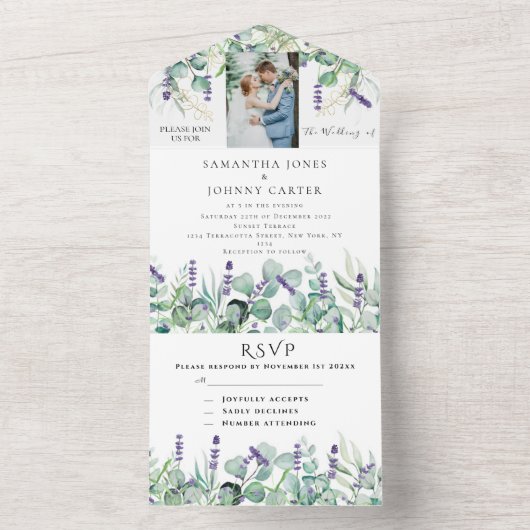 Rustieke Lavendel Foto Eucalyptus RSVP Bruiloft All In One Uitnodiging (Binnen)