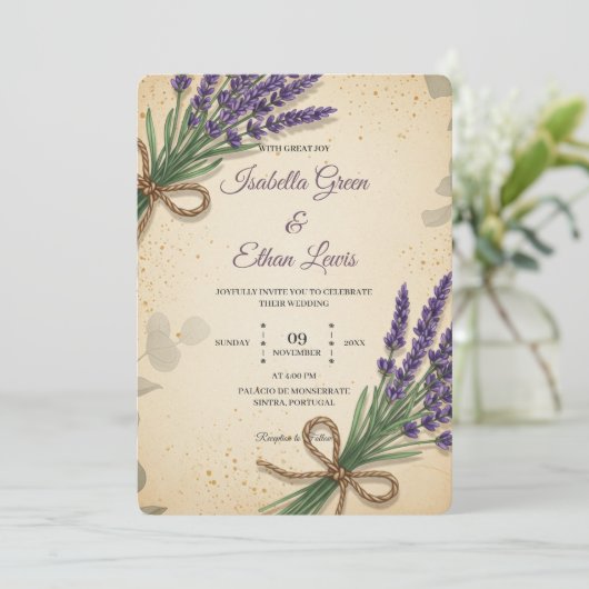 Rustieke Lavendel Huwelijksuitnodiging Kaart (Staand voorkant)