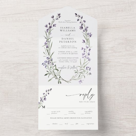 Rustieke Lavendel Maaltijd RSVP Modern Romantisch All In One Uitnodiging (Binnen)