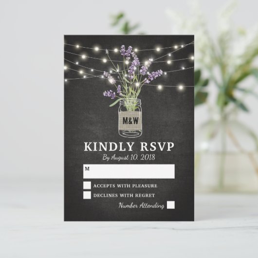 Rustieke Lavendel Mason Jar Lights Bruiloft RSVP (Staand voorkant)