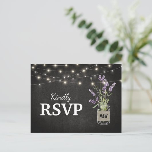 Rustieke Lavendel Mason Jar Lights Bruiloft RSVP Uitnodiging Briefkaart (Staand voorkant)
