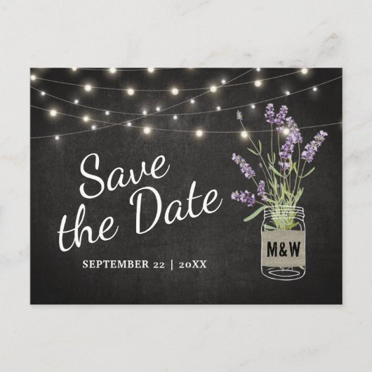 Rustieke Lavendel Mason Jar Lights Save the Date Aankondigingskaart (Voorkant)
