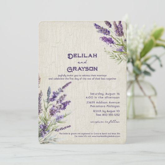 Rustieke Lavendel Paarse Bloemen Bruiloft Kaart (Staand voorkant)