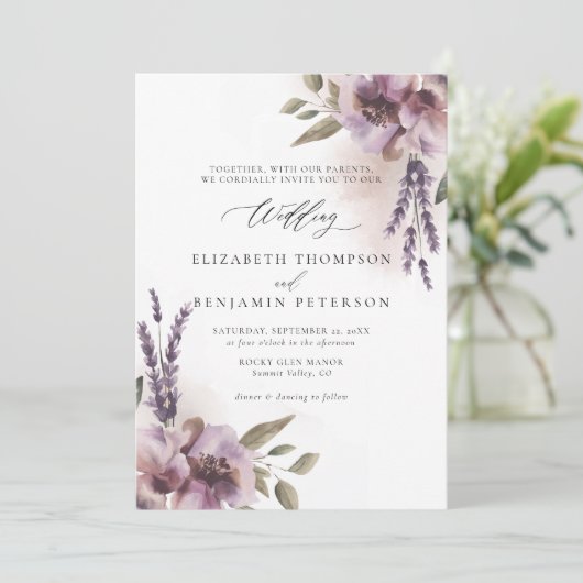 Rustieke Lavendel Paarse Bloemen Chic Elegante Huw Kaart (Staand voorkant)