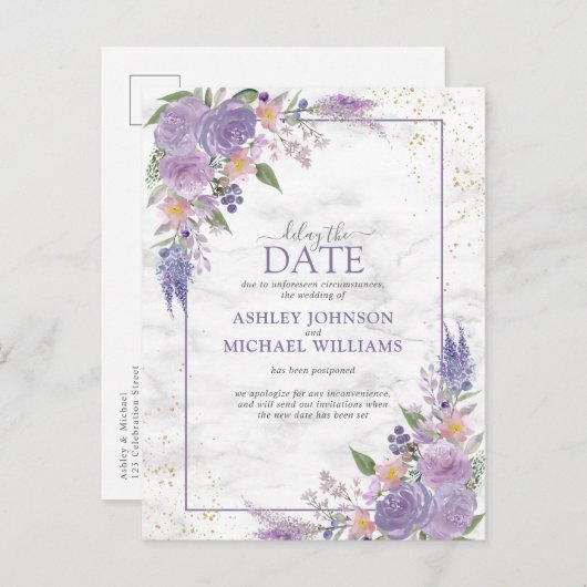 Rustieke Lavendel Sering Goud Bloemendesign Vertra Aankondigingskaart (Voorkant / Achterkant)